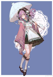1girl absurdres black_shoes blue_background border closed_mouth english_text full_body green_skirt highres holding holding_umbrella looking_at_viewer original purple_eyes purple_hair shoes skirt solo umbrella watermark white_border wide_sleeves xi_xishao
