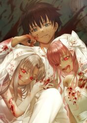 1boy 2girls bare_shoulders black_hair blood blood_on_clothes blood_on_face blood_splatter blue_eyes breasts bridal_veil bride commentary_request commission crossed_legs dead_apostle_noel_(tsukihime) dress formal_clothes gloves grey_hair highres looking_at_viewer megumi_(piyo7piyo9) melty_blood multiple_girls nanaya_shiki noel_(tsukihime) pink_hair red_eyes sitting skeb_commission small_breasts smile suit tsukihime veil wedding_dress white_len_(tsukihime) white_suit