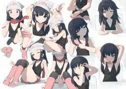 1girl absurdres beanie black_hair black_thighhighs brushing_hair brushing_own_hair closed_eyes commentary_request commission dawn_(pokemon) dressing flat_chest grey_eyes hat highres long_hair multiple_views nintendo pajamas parted_lips pink_skirt pixiv_commission pokemon recklessdraw sitting skirt thighhighs white_hat