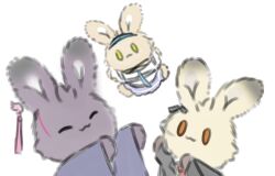 Rule 34 | 9sophia, :3, animalization, arknights, choshanland plushy (arknights), closed eyes, family, father and daughter, green eyes, highres, husband and wife, mother and daughter, orange eyes, rabbit, simple background, suzuran&#039;s father (arknights), suzuran (arknights), vulpisfoglia (arknights), white background