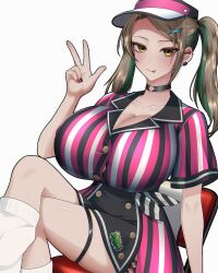 1girl bad_link black_choker breasts chair choker closed_mouth crossed_legs diner highres keno(kisaragidoki) large_breasts looking_at_viewer on_chair original rekkuu_zarame simple_background sitting skirt smile solo striped_clothes tongue twintails vertical-striped_clothes w white_background yellow_eyes