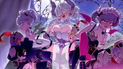 3futa 3girls absurdres arianna_the_labrynth_servant arianne_the_labrynth_servant black_stripes blush breasts cleavage demon_girl demon_horns demon_wings dress duel_monster face_to_breasts futanari girl_on_top gloves grabbing_another&#039;s_breast green_eyes green_wings grey_eyes grey_hair groping group_sex happy_sex highres horns knight_(yu-gi-oh!) large_breasts lovely_labrynth_of_the_silver_castle low_wings maid maid_headdress medium_breasts mizutenka multiple_futa multiple_girls multiple_wings nipples ojou-sama_pose open_mouth orgy pink_eyes pink_tail pink_wings pointy_ears pussy reverse_cowgirl_position sex smile straddling tail transparent_wings twintails vaginal white_hair white_horns wings yu-gi-oh! yuri