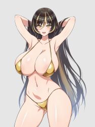 1girl :d amadea_wolfa areola_slip armpits arms_up bare_arms bare_shoulders bikini black_hair blonde_hair blush breasts cleavage collarbone commentary_request contrapposto cowboy_shot dolphin_wave gluteal_fold gold_bikini grey_background groin hair_between_eyes hair_lift halterneck highres hina_(cassissoda) huge_breasts large_areolae long_bangs long_hair looking_at_viewer multicolored_hair navel open_mouth paid_reward_available simple_background smile solo standing stomach streaked_hair string_bikini swimsuit teeth two-tone_hair upper_teeth_only very_long_hair yellow_eyes