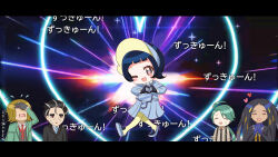 Rule 34 | 2boys, 3girls, black gloves, black hair, black jacket, blue hat, blue shirt, blue skirt, blush stickers, brown hair, geeta (pokemon), gloves, green eyes, green hair, green jacket, hassel (pokemon), hat, heart, heart hands, highres, jacket, larry (pokemon), letterboxed, multiple boys, multiple girls, necktie, nintendo, own hands clasped, own hands together, pantyhose, pokemon, pokemon sv, poppy (pokemon), red necktie, rika (pokemon), rinco, shirt, short hair, shukusei!! loli-kami requiem, skirt, translation request, yellow pantyhose