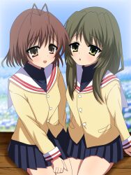Rule 34 | 2girls, antenna hair, blurry, blurry background, blush, brown hair, clannad, day, dot nose, feet out of frame, female focus, furukawa nagisa, highres, hikarizaka private high school uniform, ibuki fuuko, legs, long hair, long sleeves, looking at viewer, multiple girls, nutau09, open mouth, outdoors, school uniform, sitting, skirt, yellow eyes
