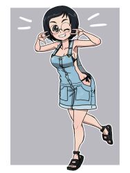Rule 34 | 1girl, bikini, black bikini, black hair, blush, breasts, full body, girls und panzer, glasses, grey background, grey eyes, grin, katsuya megu, large breasts, looking at viewer, one eye closed, overalls, short hair, side-tie bikini bottom, simple background, smile, solo, swimsuit, takahashi kurage, wink