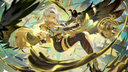 1girl ahoge armlet artist_logo asymmetrical_gloves bird birdcage black_bird black_feathers black_gloves black_shorts black_thighhighs breasts cage chromatic_aberration cleavage closed_mouth collar commentary elbow_gloves feathers fingerless_gloves gloves grey_hair hair_ornament hair_spread_out high-waist_shorts highres holding_ofuda jacket jewelry large_breasts logo long_hair looking_at_viewer shirt shorts single_elbow_glove single_hair_intake single_thighhigh solo thigh_strap thighhighs uneven_gloves white_collar white_shirt yellow_eyes yellow_jacket yi_xuan_(zenless_zone_zero) yu_e_baba zenless_zone_zero