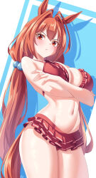 Rule 34 | 1girl, :t, absurdres, animal ears, arada (corsair zero), arms under breasts, bare shoulders, bikini, bikini skirt, blush, breasts, brown hair, cleavage, crossed arms, daiwa scarlet (trifle vacation) (umamusume), daiwa scarlet (umamusume), frilled bikini, frills, hair between eyes, hair bobbles, hair intakes, hair ornament, highres, horse ears, horse girl, horse tail, large breasts, long hair, looking at viewer, low twintails, navel, official alternate costume, pout, red bikini, red eyes, solo, swimsuit, tail, thighs, twintails, umamusume, v-shaped eyebrows, very long hair