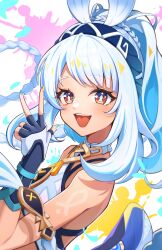 1girl :d absurdres bare_shoulders blue_hair blue_hairband fingerless_gloves genshin_impact gloves hairband highres light_blue_hair long_hair looking_at_viewer mualani_(genshin_impact) open_mouth prana_(prana12) red_eyes smile solo v