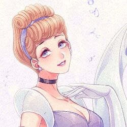 1girl animification blonde_hair blue_eyes breasts choker cinderella_(disney_character) cinderella_(disney_movie) earrings gloves hair_bun hairband jewelry long_hair looking_at_viewer lowres mermaid mizala monster_girl smile