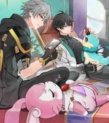 2boys 2others animal_ears animal_nose black_coat black_gloves black_hair black_pants black_shirt blue_fur caelus_(honkai:_star_rail) cellphone chair chimera_(honkai:_star_rail) chinese_clothes closed_mouth coat commentary_request constellation_print creature dan_heng_(honkai:_star_rail) dan_heng_(hunt)_(honkai:_star_rail) dress earrings eyeliner feathers fingernails flower food fruit gem gloves grapes green_eyes grey_hair grey_pants hair_between_eyes hand_on_own_stomach highres holding holding_phone honkai:_star_rail honkai_(series) hood hooded_coat horns indoors jar jewelry leaf long_sleeves looking_at_another looking_at_phone lounge_chair lying makeup mem_(honkai:_star_rail) mini_wings multiple_boys multiple_others on_back open_clothes open_coat otter otter_ears otter_tail pants phone pink_fur plant rabbit_ears red_eyeliner red_eyes red_gemstone shiraiyu327 shirt short_hair single_earring single_horn sitting sleeping smartphone smile sparkle tail trailblazer_(honkai:_star_rail) white_coat white_dress white_flower window wings yellow_eyes zzz