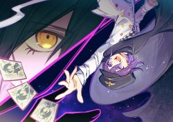 Rule 34 | 2boys, :d, ahoge, black cape, black hair, black hat, cape, card, checkered neckerchief, danganronpa (series), danganronpa v3: killing harmony, ewa (seraphhuiyu), fang, flipped hair, hair between eyes, hat, jacket, long sleeves, male focus, medium hair, multiple boys, neckerchief, oma kokichi, open mouth, pink eyes, pink hair, saihara shuichi, short hair, smile, teeth, upper teeth only, white jacket, yellow eyes