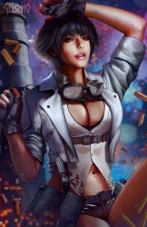 1girl ashes belt black_hair bra_visible_through_clothes breasts buckle bullet dasgnomo devil_may_cry_(series) goggles goggles_around_neck heterochromia highres holding holding_weapon jacket lady_(devil_may_cry) large_breasts latex lips looking_at_viewer navel rocket_launcher scar scar_on_face scar_on_nose short_hair shorts smile suspenders tongue tongue_out unzipped weapon
