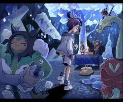 1boy 1other 2girls baguette basket bread briar_(pokemon) carmine_(pokemon) closed_mouth commentary_request foam food gloves hackto holding hydrapple jacket kieran_(pokemon) long_sleeves multiple_girls nintendo ogerpon pokemon pokemon_sv ponytail red_gloves shirt shoes shorts single_glove sleeveless sleeveless_shirt soap_bubbles standing table tablecloth white_footwear white_jacket white_shorts