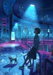 1girl against_railing black_hair black_sailor_collar black_skirt blue_theme bridge building cat city city_lights cityscape commentary_request highres lamppost neon_lights neon_palette night original pasoputi pedestrian_bridge pleated_skirt railing road sailor_collar scenery school_uniform shirt skirt skyscraper street train white_shirt