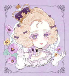 Rule 34 | 1girl, bead necklace, beads, black choker, blonde hair, blush, border, bow, choker, colored eyelashes, crown, eyelashes, flower, gem, gloves, hair bow, hair ornament, jewelry, leaf, lips, looking at viewer, necklace, original, ornate border, pansy, parted lips, pearl (gemstone), pearl necklace, pink background, portrait, purple bow, purple eyes, purple flower, purple pansy, red lips, signature, solo, white gloves, yellow flower, yellow pansy, yukikoutya