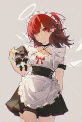 1girl apron arknights black_choker breasts choker doctor_(arknights) dress exusiai_(arknights) frilled_apron frilled_dress frills halo highres long_hair looking_at_viewer maid maid_headdress openvl ponytail red_eyes red_hair small_breasts thigh_gap