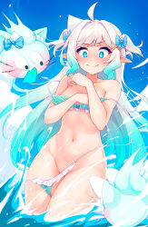 1girl @_@ absurdres bikini blue_eyes blush bow breasts chromatic_aberration commentary embarrassed frilled_bikini frills gradient_hair green_hair groin hair_ornament highres indie_virtual_youtuber long_hair mint_fantome mint_fantome_(minto_2.0) multicolored_hair navel pointy_ears ricegnat swimsuit symbol-only_commentary triangular_headpiece two_side_up virtual_youtuber wardrobe_malfunction white_hair wisps_(mint_fantome) x_hair_ornament