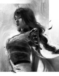 1girl armor blunt_bangs border braid braided_ponytail closed_mouth commentary english_commentary from_side genshin_impact grey_background highres japanese_armor japanese_clothes kimono long_hair looking_to_the_side monochrome nikolas_(nikolardon) raiden_shogun realistic sash shoulder_armor solo unfinished upper_body white_border