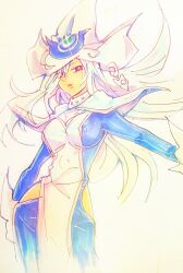 1girl blue_dress dress duel_monster gloves grey_hair hat hip_vent kanna_rkgk long_hair purple_eyes silent_magician simple_background tabard white_background white_gloves white_hat white_tabard wizard_hat yu-gi-oh!