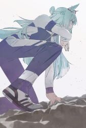 1girl animal_ears aqua_hair blue_hair bow braid closed_mouth commentary_request dirty dirty_clothes ear_ribbon from_side fujimasa_march_(umamusume) highres horse_ears horse_girl jacket long_hair long_sleeves on_one_knee oomiya_io pants profile red_eyes ribbon shoes simple_background sneakers solo umamusume umamusume:_cinderella_gray very_long_hair