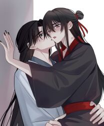 2boys against_wall black_hair black_hanfu black_nails blue_eyes blush chinese_clothes chinese_commentary dao_gui_yi_xian hair_between_eyes hair_bun hair_ribbon half_updo hand_on_another&#039;s_hip hand_on_another&#039;s_thigh hanfu hickey highres hug kiss kissing_cheek li_huowang long_hair long_sleeves looking_at_another male_focus moxiaobingbuxiao multiple_boys nail_polish open_mouth red_eyes red_ribbon red_sash ribbon robe sash single_hair_bun sitting sitting_on_lap sitting_on_person tongue tongue_out upper_body white_background white_hanfu wide_sleeves yaoi zhuge_yuan