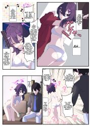 1boy 1girl ass black_shirt blue_archive blue_necktie breasts english_text hair_ornament hairclip halo haruka_(blue_archive) highres necktie pants purple_eyes purple_hair purple_halo red_shirt sensei_(blue_archive) shirt short_hair small_breasts speech_bubble thighs tonomiya68 underwear white_pants