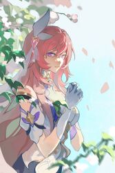 1girl breasts chinese_commentary commentary_request commission corset diamond-shaped_pupils diamond_(shape) elysia_(herrscher_of_human:_ego)_(honkai_impact) elysia_(honkai_impact) falling_petals gloves highres honkai_(series) honkai_impact_3rd large_breasts long_hair looking_at_viewer own_hands_together petals pink_hair purple_eyes solo symbol-shaped_pupils veil very_long_hair white_corset white_gloves white_veil yeming_(yeming66410)