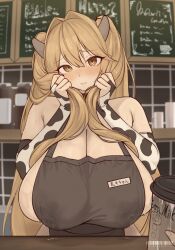 1girl 1other animal_print apron artist_name b_project_18 bare_shoulders black_apron blush breast_milk breasts bridal_gauntlets brown_eyes brown_hair cafe cleavage collar counter covered_erect_nipples cow_girl cow_horns cow_print cow_print_gloves cup disposable_coffee_cup disposable_cup double-parted_bangs elbow_gloves furrowed_brow gloves hair_between_eyes hair_intakes hands_up highres holding holding_cup holding_own_hair horns huge_breasts implied_breast_milk lactation lactation_through_clothes leaking long_hair looking_at_viewer menu naked_apron name_tag original pov pov_hands print_gloves sideboob sweat tile_wall tiles upper_body very_long_hair wavy_hair