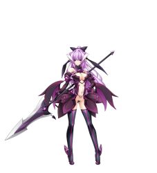 Rule 34 | 1girl, bare shoulders, black bow, boots, bow, breasts, cleavage, crotch plate, dark persona, elbow gloves, full body, game cg, gloves, hair bow, hand on own hip, high heels, high ponytail, highres, holding, inoino, kouyoku senki exs-tia, large breasts, large variant set, lilistia, lilistia lizelle, long hair, looking at viewer, low wings, maebari, navel, non-web source, official art, pink trim, pointy ears, polearm, ponytail, purple eyes, purple hair, revealing clothes, rieszverne suzette paladill, showgirl skirt, solo, spear, standing, tachi-e, tattoo, thigh boots, thighhighs, transparent background, variant set, weapon, wings