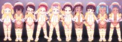 +_+ 3d 6+girls :d bandaid black_hair blonde_hair blue_eyes blunt_bangs bow breasts closed_mouth collarbone crossed_arms dark-skinned_female dark_skin double_v elbow_gloves flat_chest full_body glasses gloves hair_ornament head_tilt highres legs_apart lineup loli multiple_girls navel one-piece_tan open_mouth original panties pink_bow salute short_hair side-tie_panties small_breasts smile standing star_(symbol) star_hair_ornament striped_clothes striped_legwear striped_panties tan tanline teeth thighhighs twintails underwear upper_teeth_only v yanmaa_(6664) yellow_gloves