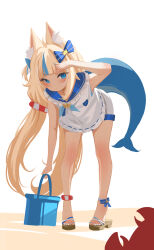 1girl animal_ear_fluff animal_ears bent_over blonde_hair blue_eyes blue_hair blush bucket cat_ears closed_mouth commentary crab dress fins fish_girl fish_tail highres holding holding_bucket indie_virtual_youtuber long_hair looking_at_viewer low_twintails multicolored_hair sameko_saba sand sand_bucket sandals sansha_art sleeveless sleeveless_dress smile solo streaked_hair tail twintails very_long_hair virtual_youtuber white_dress