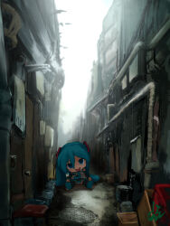 1girl :d absurdres aqua_eyes aqua_necktie aqua_trim black_boots black_skirt black_sleeves boots collared_shirt detached_sleeves double-parted_bangs grey_shirt hair_between_eyes hair_ornament highres holding hylran0427 knee_boots mikudayo necktie open_mouth pleated_skirt rain scenery shirt skirt slums smile solo twintails vocaloid