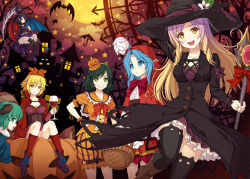 1boy 6+girls :d akashio_(loli_ace) alcohol alternate_costume animal_ears apple apron arm_behind_head bare_tree basket bat_(animal) belt black_coat black_hair black_socks blonde_hair blue_eyes blue_flower blue_hair blue_rose boots bow breasts brown_footwear brown_hair cape cleavage cloak coat collar convenient_leg cosplay cross cup demon_horns demon_wings disguise dog_ears dress drinking_glass expressionless facial_hair fang fang_out fence flower flower_ornament food frilled_collar frilled_dress frilled_shirt_collar frills fruit full_moon fur_trim futatsuiwa_mamizou ghost gradient_hair green_hair grin hair_flower hair_ornament hair_over_shoulder hairband halloween halloween_costume hand_on_own_hip hat hat_bow hat_flower hijiri_byakuren hood hooded_cloak horns houjuu_nue house jack-o&#039;-lantern juliet_sleeves karakasa_obake kasodani_kyouko kneehighs kumoi_ichirin little_red_riding_hood_(fairy_tale) little_red_riding_hood_(fairy_tale_character)_(cosplay) little_red_riding_hood_(fairy_tale_character) long_sleeves looking_at_viewer looking_to_the_side moon moonlight multicolored_hair multiple_girls murasa_minamitsu mustache night night_sky open_mouth orange_shirt puffy_sleeves purple_dress purple_footwear purple_hair raccoon_tail red_eyes red_legwear red_skirt ribbon ribbon-trimmed_clothes ribbon_trim rose round_teeth scythe shirt short_dress short_hair short_sleeves sitting skirt sky smile socks staff star_(sky) star_(symbol) starry_sky striped_clothes striped_dress tail tatara_kogasa tatara_kogasa_(umbrella) teeth thighhighs thighs tongue toramaru_shou touhou tree umbrella unzan vampire_costume wand wine wine_glass wings witch witch_hat wrist_ribbon yellow_eyes