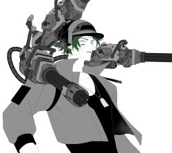 Rule 34 | 1boy, absurdres, chain, cheek tattoo, chinese commentary, clenched teeth, collared jacket, commentary request, cropped jacket, from below, gatling pea (plants vs. zombies), green eyes, green hair, greyscale, gun, helmet, high contrast, highres, jacket, lanyard, long sleeves, looking at viewer, male focus, monochrome, open clothes, open jacket, personification, plants vs. zombies, plants vs. zombies 2, plants vs. zombies 2 (chinese), puffy long sleeves, puffy sleeves, shirt, short hair, siiiiiiiiiii, simple background, solo, spot color, tattoo, teeth, upper body, weapon, white background