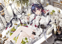 1girl akke_(akke299) alcohol alternate_costume bathtub black_hair black_horns black_nails bottle breasts candle cleavage_cutout clothing_cutout commentary_request cup demon_girl demon_horns demon_tail dress drinking_glass earrings enmaided feet_out_of_frame fingernails flower food fruit garter_straps gradient_horns grapes highres hookah horns in_bathtub indoors jewelry lamp long_hair looking_at_viewer maid maid_headdress medium_breasts mirror multicolored_horns nanashi_inc. official_art open_mouth pointy_ears purple_eyes red_hair red_horns ryugasaki_rene sample_watermark solo striped_clothes striped_thighhighs stud_earrings table tail thighhighs vertical-striped_clothes vertical-striped_thighhighs virtual_youtuber watermark white_dress white_flower white_thighhighs white_wine window wine wine_bottle wine_glass
