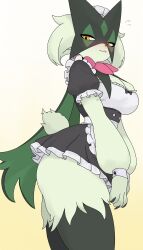 1girl apron ass black_bow black_dress black_fur body_fur bow bowtie breasts claws dress flying_sweatdrops frilled_apron frilled_sleeves frills from_side furry furry_female green_hair highres large_breasts layered_sleeves long_hair long_sleeves looking_at_viewer low_ponytail maid maid_headdress mask meowscarada microdress nintendo pink_bow pink_bowtie pokemon pokemon_(creature) pokemon_sv ponytail puffy_short_sleeves puffy_sleeves red_bow shay_the_one short_over_long_sleeves short_sleeves solo tail thick_thighs thighs two-tone_dress two-tone_fur v_arms very_long_hair waist_apron white_apron white_dress white_hair