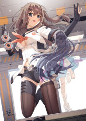 1girl :d black_choker black_gloves black_hair black_shoes breasts brown_hair ceiling_light choker cleavage commentary commentary_request dancing elbow_gloves english_commentary girls&#039;_frontline girls&#039;_frontline_2:_exilium girls&#039;_frontline_neural_cloud gloves grey_eyes halo high_heels highres hologram indoors k2_(girls&#039;_frontline) mixed-language_commentary nanaka_(neural_cloud) one_side_up open_mouth partially_fingerless_gloves sarasa_(kanbi) shoes short_sleeves smile solo thighhighs white_shoes yoohee_(girls&#039;_frontline_2)