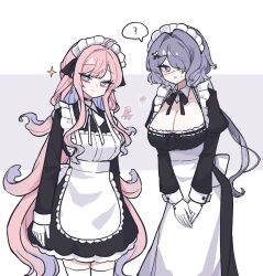 2girls ? apron arknights black_choker black_dress breasts bright_pupils choker cleavage closed_mouth dress earrings frilled_apron frilled_dress frills gloves grey_eyes grey_hair hair_over_one_eye highres hmrsh jewelry juliet_sleeves large_breasts long_hair long_sleeves lucilla_(arknights) maid maid_apron maid_headdress multiple_girls one_eye_covered open_mouth own_hands_together pink_hair puffy_sleeves purple_eyes smile sparkle spoken_question_mark standing thighhighs v_arms very_long_hair whisperain_(arknights) white_apron white_background white_gloves white_pupils white_thighhighs