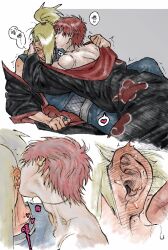 blonde_hair blush deidara_(naruto) ear_licking gaara_(naruto) head_hug highres licking lying male_focus naruto_(series) red_hair saliva saliva_trail umkaqryi