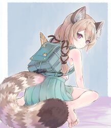 1girl animal_ear_fluff animal_ears backpack bag barefoot blue_background brown_hair brown_ribbon frown full_body green_skirt hair_ribbon highres hikari_niji komachi_panko long_hair looking_at_viewer low_twintails phase_connect pleated_skirt purple_eyes red_panda_ears red_panda_girl red_panda_tail ribbon shirt sitting skirt sleeveless solo tail thick_eyebrows twintails virtual_youtuber wariza white_shirt