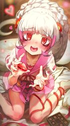 1girl absurdres arm_ribbon blunt_bangs blush bow breasts byakuda_(kemono_friends) cleavage clothing_cutout collar flower hair_ornament highres kemono_friends kemono_friends_3 large_breasts leg_ribbon long_hair looking_at_viewer melaton multicolored_hair pink_collar pink_hair pink_skirt pov_dating red_eyes reptile_girl ribbon sailor_collar school_uniform shirt short_sleeves sidelocks skirt smile snake_girl snake_print snake_tail tail thigh_cutout very_long_tail white_hair white_shirt