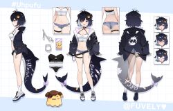 1girl absurdres antenna_hair ass back bare_legs belt black_choker black_hair black_jacket black_panties blue_shorts breasts camisole cetacean_tail choker cleavage clothing_cutout commentary_request criss-cross_halter crop_top cutoffs denim denim_shorts double_bun fins fish_tail from_behind from_side full_body hair_bun hair_ornament halterneck highres indie_virtual_youtuber jacket korean_commentary long_sleeves looking_at_viewer medium_breasts micro_shorts midriff mixed-language_commentary mole mole_on_thigh multicolored_hair multiple_expressions navel official_art open_clothes open_jacket open_mouth panties pink_eyes reference_sheet sbbs second-party_source shirt shoes short_hair shorts sleeveless sleeveless_shirt smile sneakers socks spaghetti_strap sports_bra stomach streaked_hair tail thigh_strap thighs uhpufu underboob_cutout underwear virtual_youtuber white_shirt white_sneakers white_socks