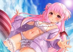 Rule 34 | 1girl, :o, akine (kuroyuri), ball, beachball, bikini, blue sky, blush, breasts, character request, cloud, coat, commentary request, copyright request, day, demon wings, dutch angle, frilled bikini, frills, hair ribbon, highres, hitsugisaki tina, indie virtual youtuber, long hair, long sleeves, looking at viewer, navel, ocean, open mouth, outdoors, pink eyes, pink hair, purple coat, ribbon, sideboob, sky, small breasts, standing, stomach, sun, swimsuit, thigh strap, virtual youtuber, water drop, white bikini, wings