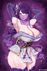 1girl armpits arms_behind_head arms_up b.sa_(bbbs) bad_tag braid braided_ponytail breasts cleavage electricity flower genshin_impact hair_ornament highres japanese_clothes kimono large_breasts long_hair looking_at_viewer makeup mole mole_under_eye mouth_veil obi obiage obijime purple_background purple_eyes purple_flower purple_hair purple_lips purple_thighhighs raiden_shogun sash see-through_clothes solo steaming_body sweat tassel thick_thighs thighhighs thighs veil
