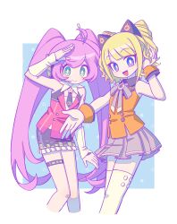 2girls :d absurdres alternate_hairstyle aqua_eyes arm_warmers black_skirt blonde_hair bow bowtie commentary cone_hair_bun cropped_legs detached_collar double_bun frilled_skirt frills grey_skirt hair_bun headset highres jacket lapels lau_(laustar30) long_hair looking_at_viewer miniskirt multiple_girls necktie notched_lapels open_mouth pink_hair pleated_skirt purple_eyes radio_antenna red_jacket salute seeu short_hair skirt sleeveless sleeveless_jacket smile speaker standing strapless symbol-only_commentary thigh_strap thighhighs tube_top twintails uni_(vocaloid) very_long_hair vocaloid white_background white_thighhighs wrist_cuffs
