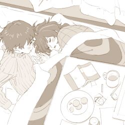 2girls 55bata6rou book closed_eyes cup food from_above from_side fujino_(look_back) highres indoors kotatsu kyomoto_(look_back) look_back looking_at_another mole mole_under_mouth monochrome mug multiple_girls open_book open_mouth plate short_hair sitting sleeping sweater table under_covers under_kotatsu under_table