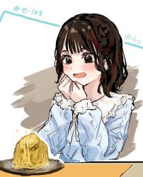 1girl :d absurdres animification blue_dress blush brown_eyes brown_hair commentary_request dress food hair_bun hashtag highres jin_(oihlf) link!_like!_love_live! long_sleeves looking_at_food love_live! open_mouth pasta real_life sakurai_hina seeno_de!_hasu_no_sora! short_hair single_side_bun smile solo spaghetti sparkle translated upper_body voice_actor