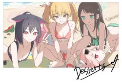+_+ 4girls after-school_sweets_club_(blue_archive) airi_(blue_archive) all_fours alternate_costume animal_ears bare_arms bare_legs barefoot baseball_bat beach bikini black_bikini black_hair blonde_hair blue_archive breasts brown_hair buried cat_ears cleavage closed_mouth collarbone colored_inner_hair crab diamond-shaped_pupils diamond_(shape) english_text feet feet_out_of_frame flip-flops food food-themed_hair_ornament frilled_bikini frills fruit green_bikini grin hair_ornament halo highres ice_cream_hair_ornament kazusa_(blue_archive) legs licking_lips looking_at_viewer medium_breasts medium_hair momocadraw multicolored_hair multiple_girls natsu_(blue_archive) navel outdoors pink_eyes pink_hair pink_pupils red_bikini red_eyes sandals short_hair single_bare_foot smile soles stomach streaked_hair suikawari sunlight swimsuit symbol-shaped_pupils toenails toes tongue tongue_out v watermelon yoshimi_(blue_archive)
