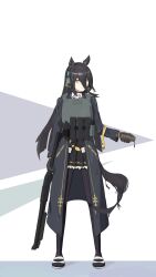 Rule 34 | 1girl, absurdres, black gloves, black pantyhose, black skirt, bomb, bulletproof vest, explosive, gloves, gun, handgun, headphones, highres, horse girl, load bearing vest, magazine (weapon), manhattan cafe (umamusume), necktie, pantyhose, pipe bomb, pleated skirt, rangertle, shotgun, skirt, tactical clothes, umamusume, unworn necktie, weapon